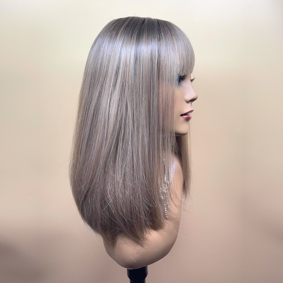 6082-16”Ombre Dark Brown Root to Ash Blond Curved Bottom Wig - Picture 3 of 11